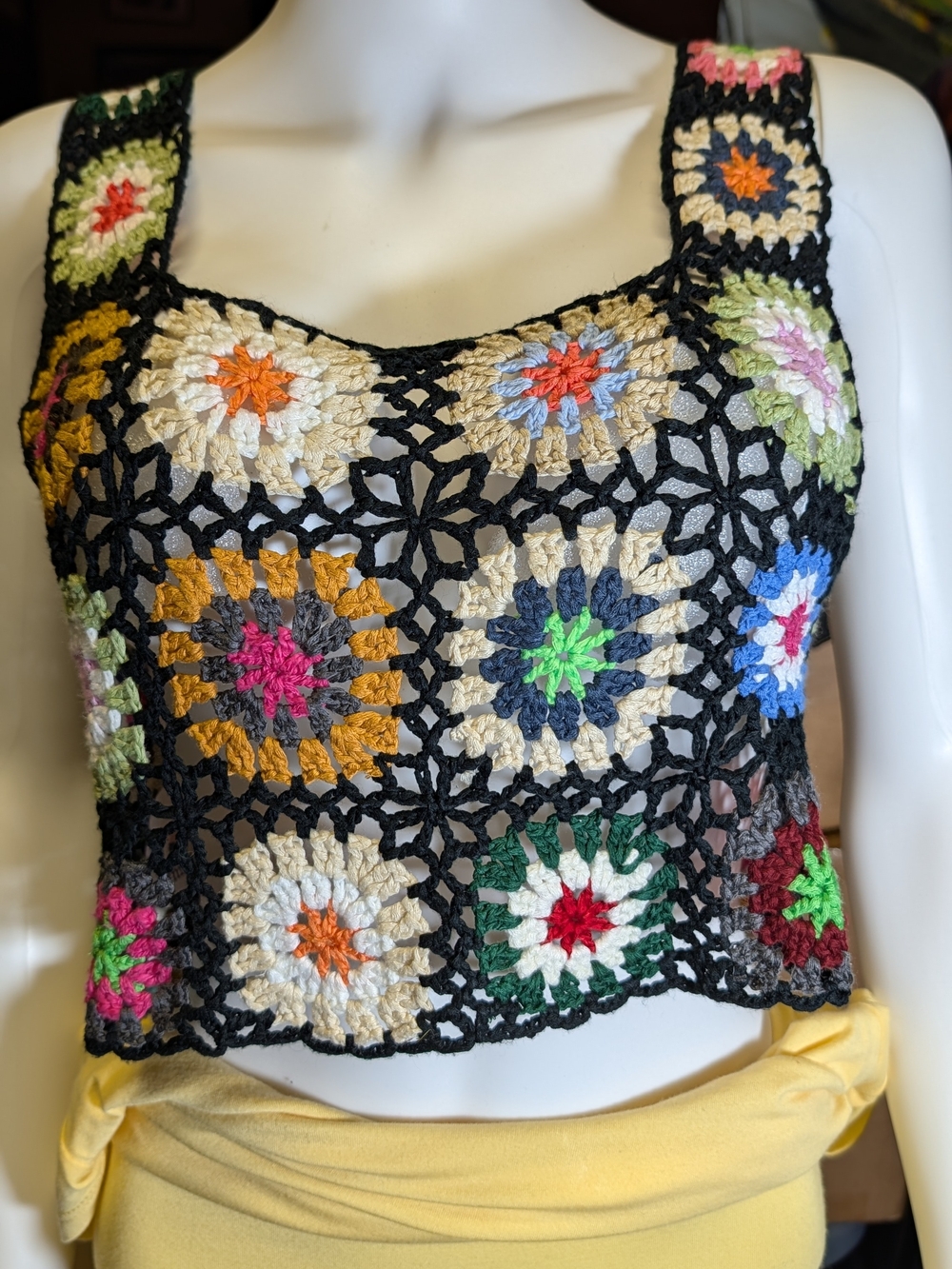 Handmade Multicolor Crochet Crop Top with Black Trim
